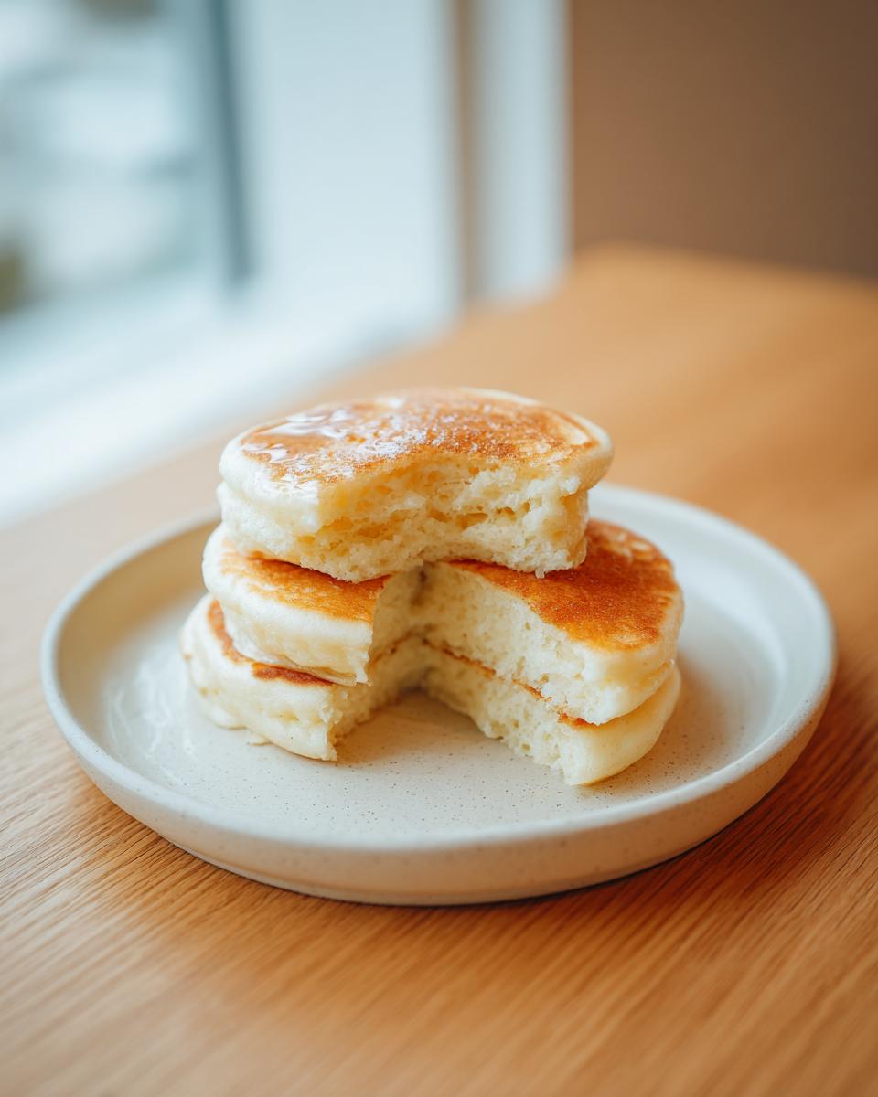 Close-up of a stack of three incredibly fluffy pancakes with a bite missing, showing the airy interior.