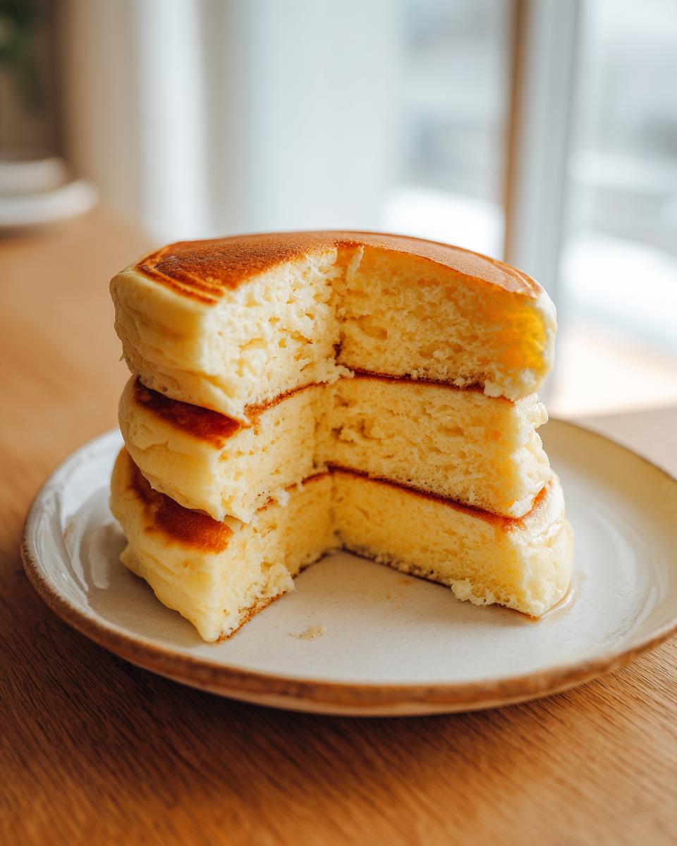 Close-up of three thick, fluffy pancakes stacked, showing the airy interior texture of the pancakes.