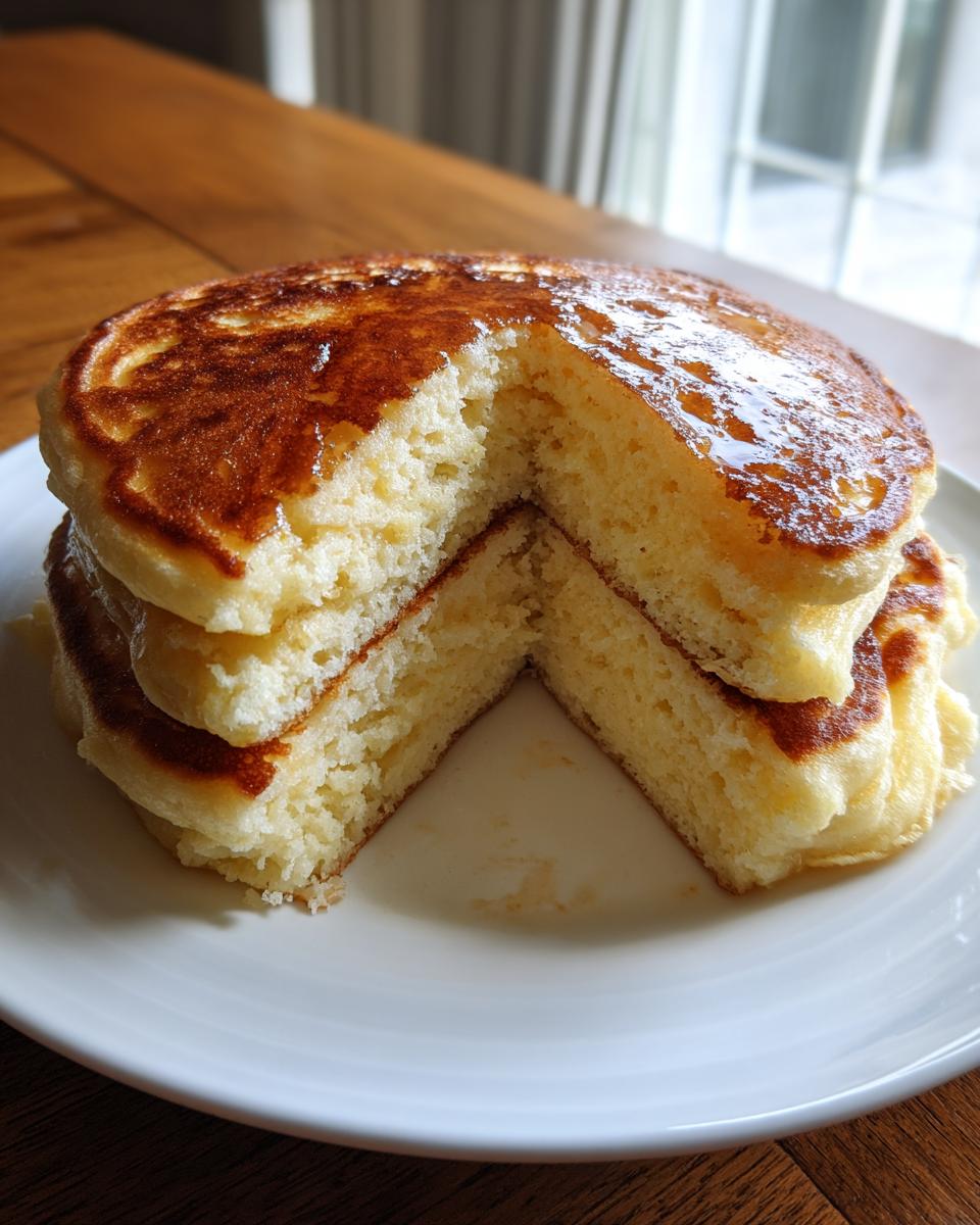 Close-up of a stack of fluffy pancakes, cut to show the airy interior, drizzled with syrup.
