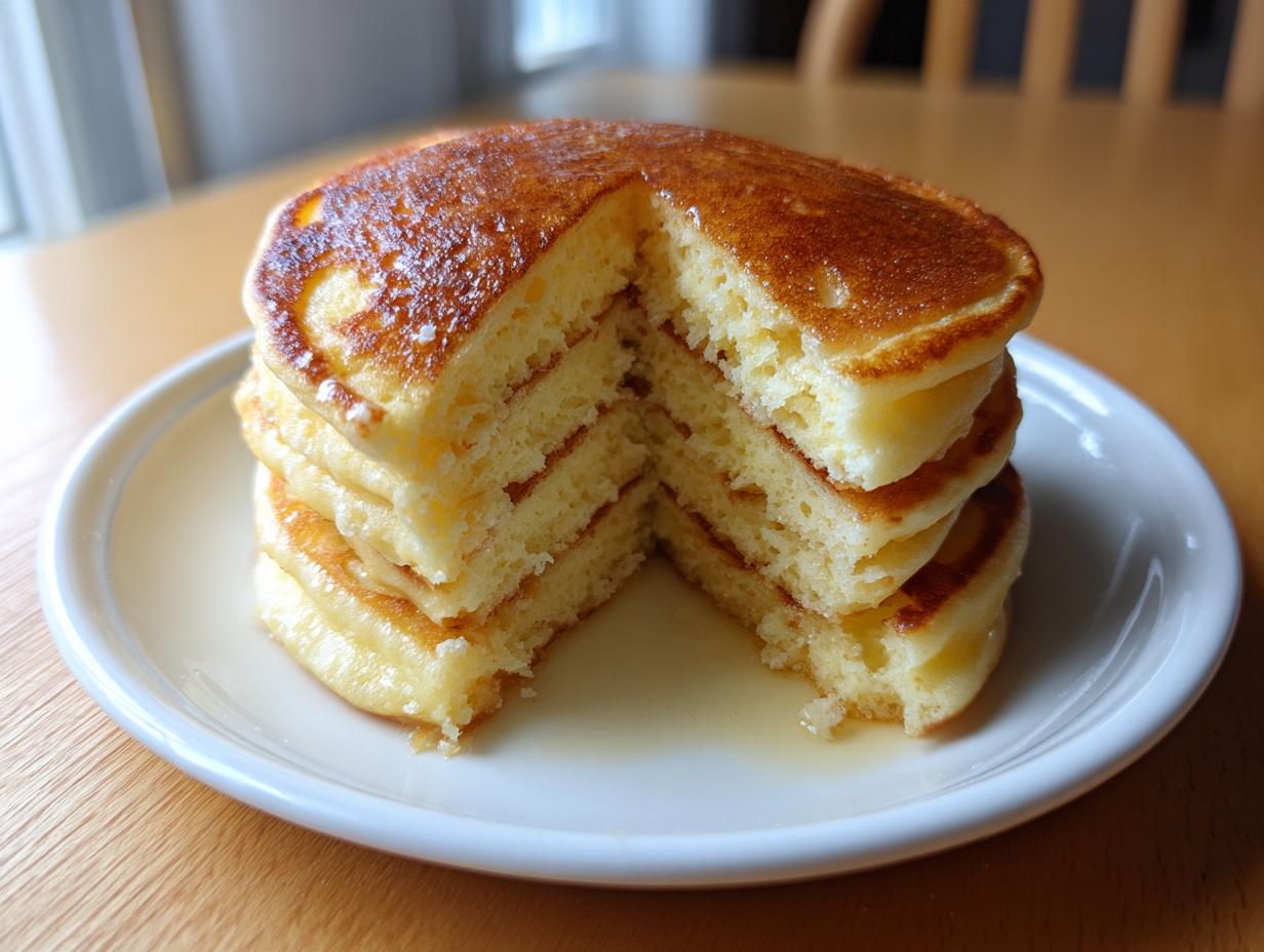 Close-up of a tall stack of fluffy pancakes cut in half, showing the airy interior and drizzled with syrup.