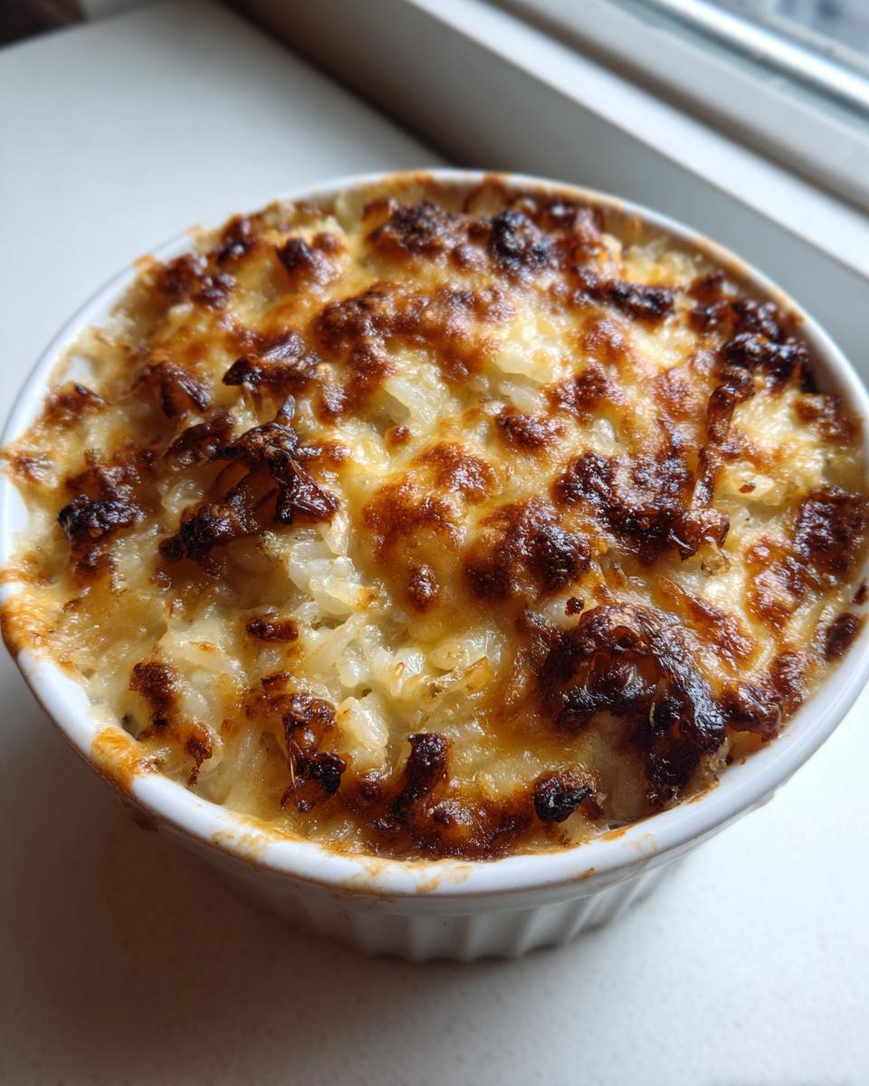 Close-up of baked french onion butter rice topped with deeply browned, melted cheese in a white ramekin.