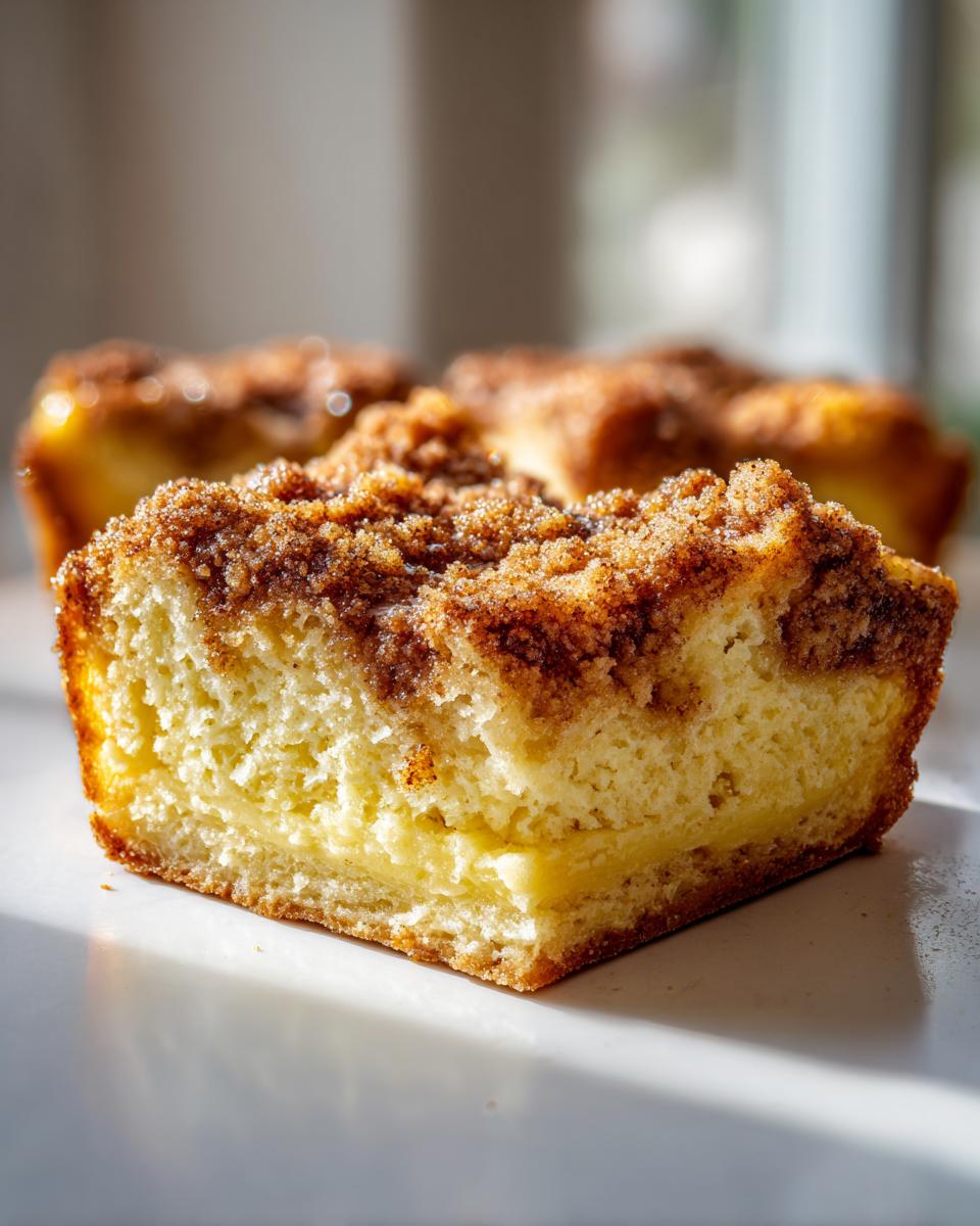 Close-up of a moist slice of french toast casserole with a thick, sugary cinnamon streusel topping.