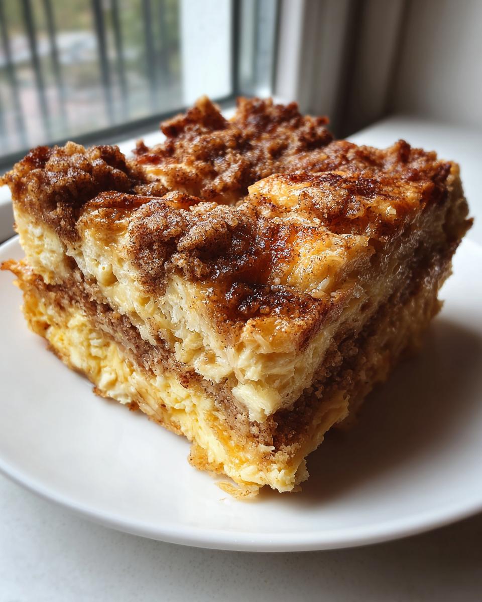 A decadent slice of overnight french toast casserole with a thick cinnamon streusel topping, served on a white plate.
