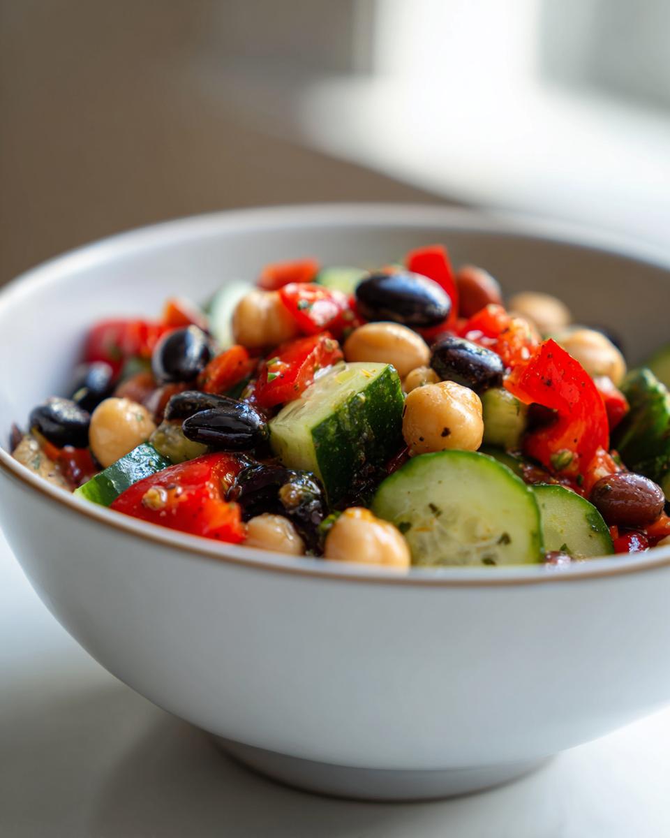 Close-up of a vibrant bean salad featuring chickpeas, black olives, cucumber, and red peppers in a white bowl.