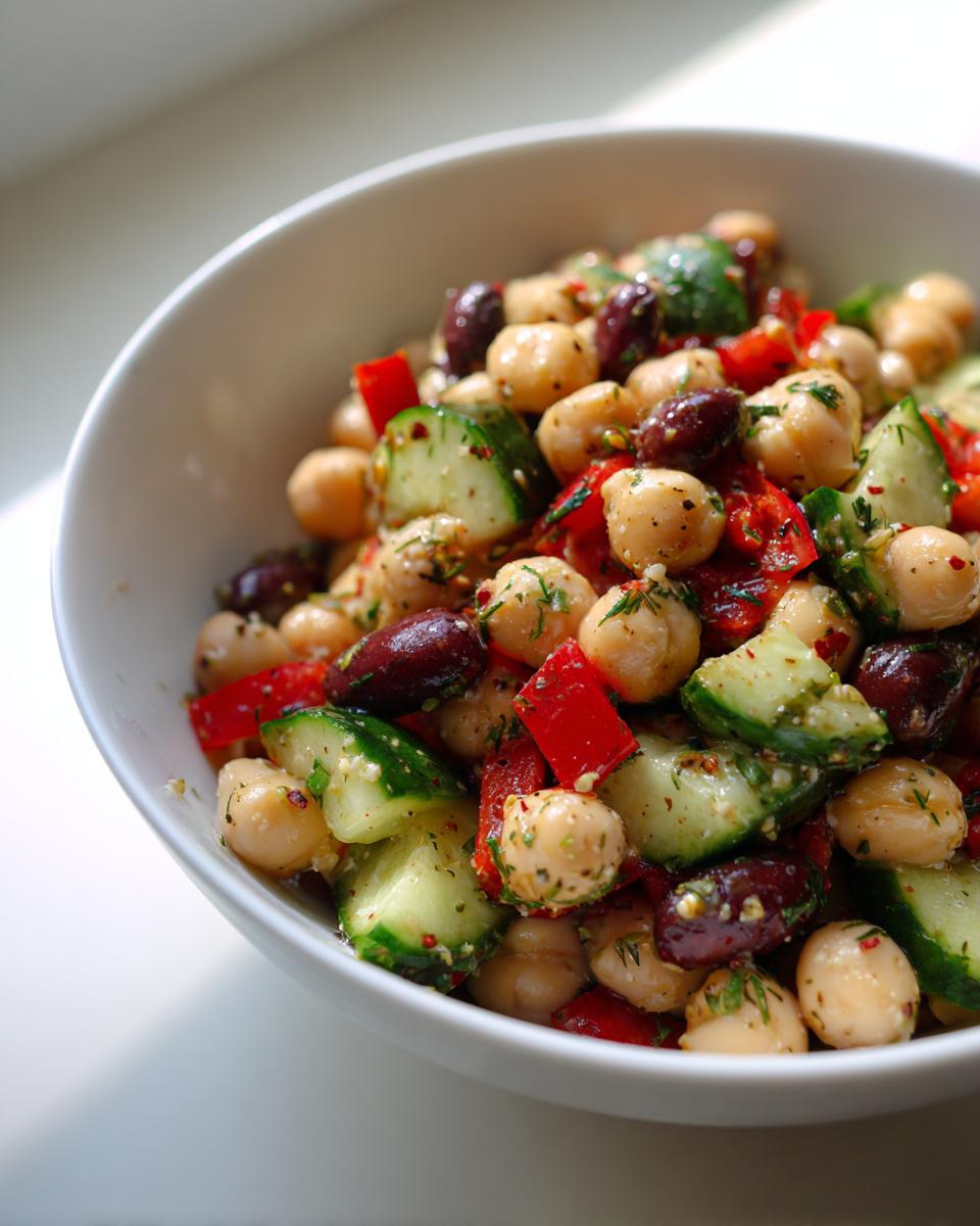 A close-up of a vibrant bean salad featuring chickpeas, dark kidney beans, diced cucumber, and red pepper, lightly dressed.