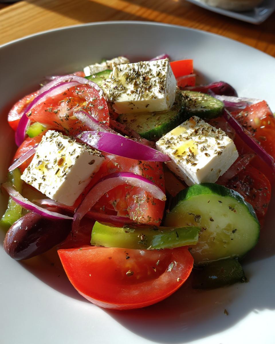 Close-up of a vibrant greek salad featuring large chunks of feta cheese, red tomatoes, cucumbers, red onion, and Kalamata olives.