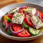 Close-up of a vibrant greek salad featuring thick slices of tomato, cucumber, red onion, and large cubes of feta cheese seasoned with herbs.