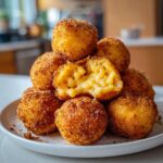 A stack of crispy, golden fried mac and cheese balls, one cut open showing the melted, gooey macaroni inside.