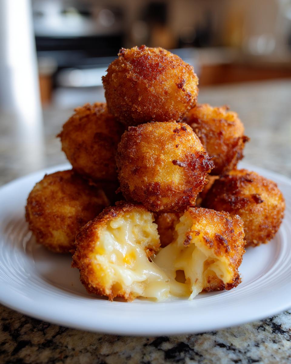 A stack of golden brown fried mac and cheese balls, one broken open showing melted cheese inside.