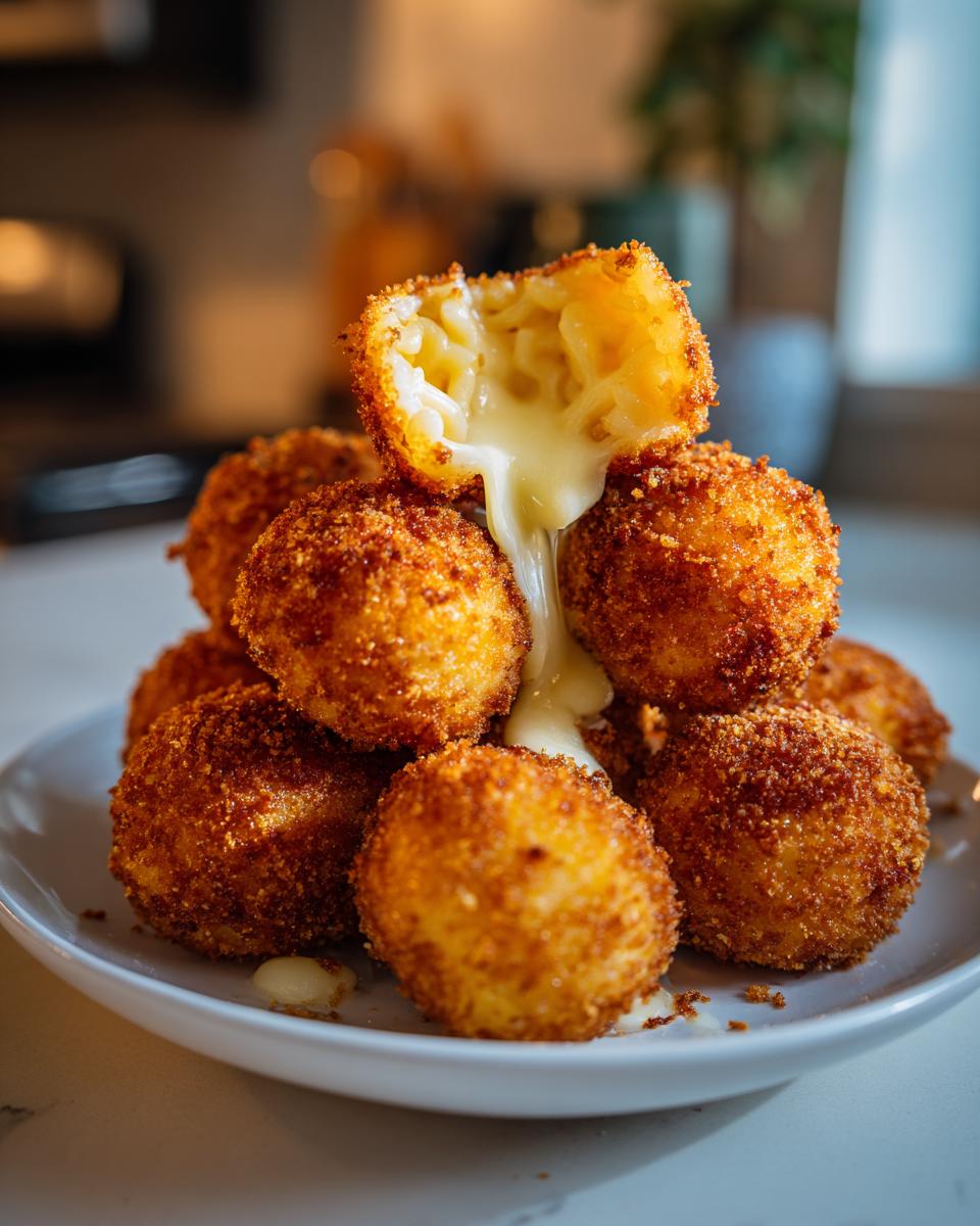 A stack of golden brown fried mac and cheese balls with one cut open showing melted cheese oozing out.