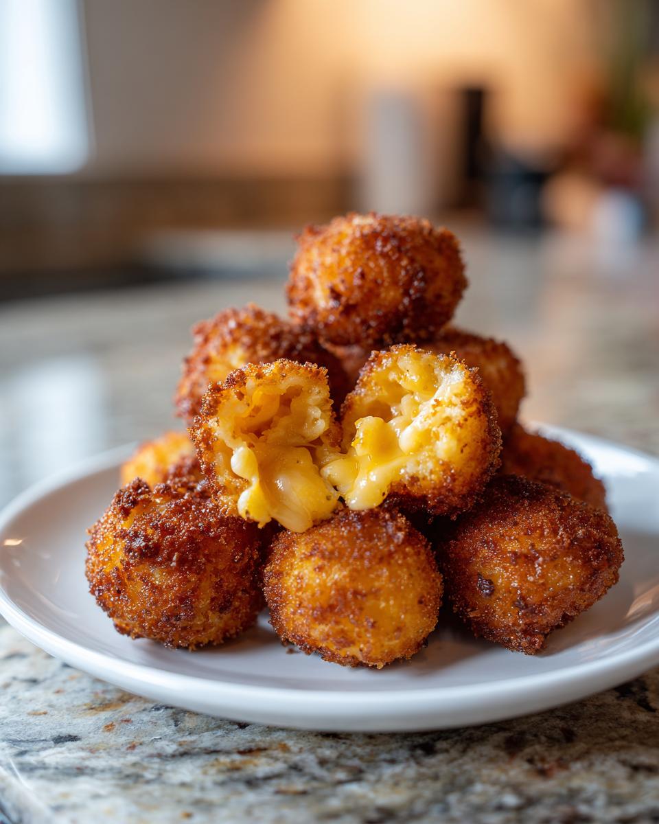 A stack of crispy, golden-brown fried mac and cheese balls, one broken open showing the melted cheese inside.