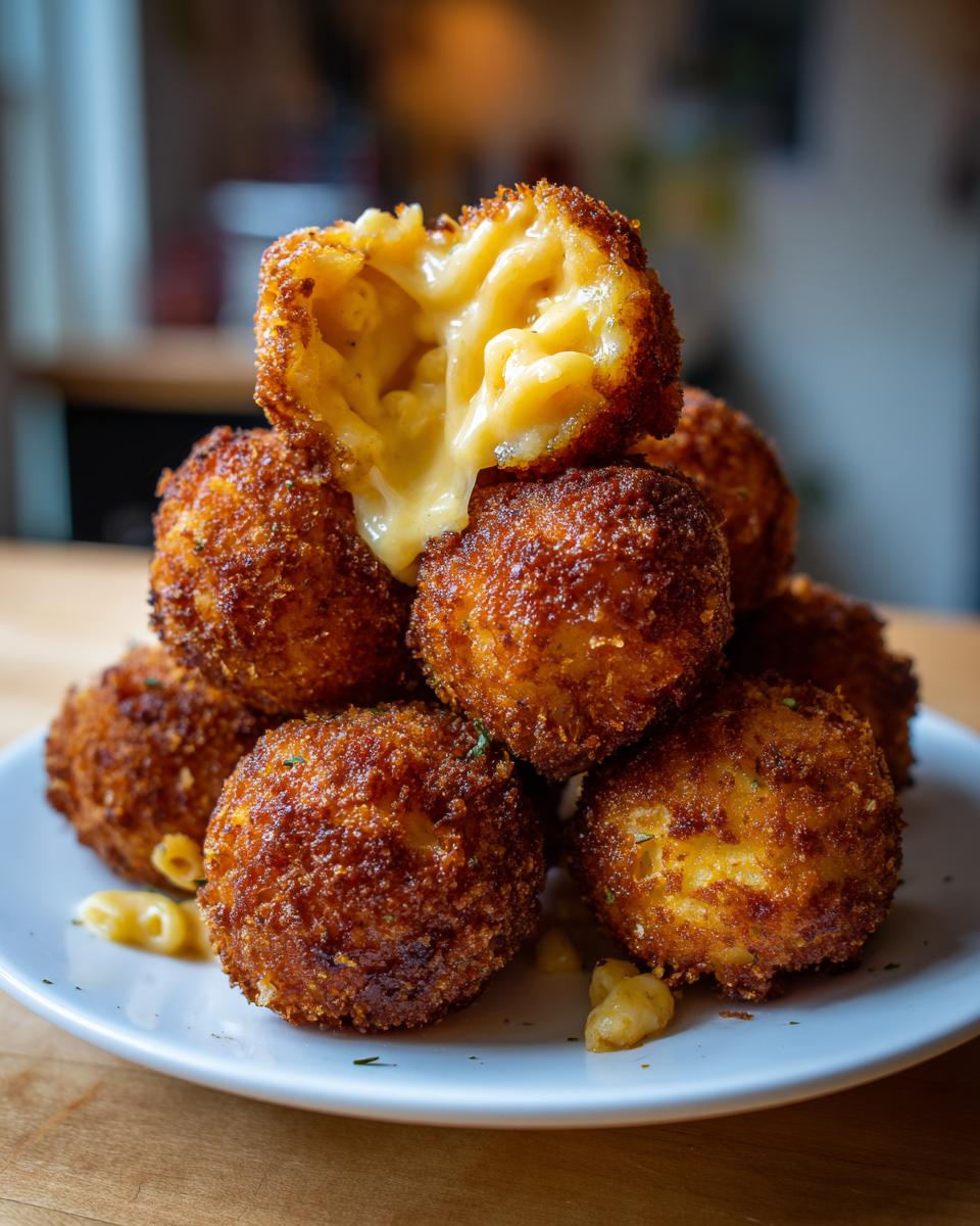 A stack of golden brown fried mac and cheese balls with the top one broken open revealing melted cheese.