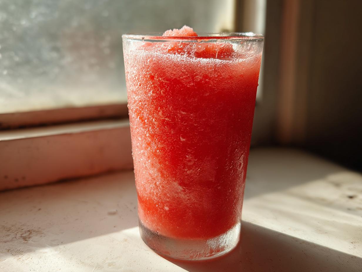 A tall glass filled with a bright red, icy strawberry daiquiri, sweating condensation in bright sunlight.
