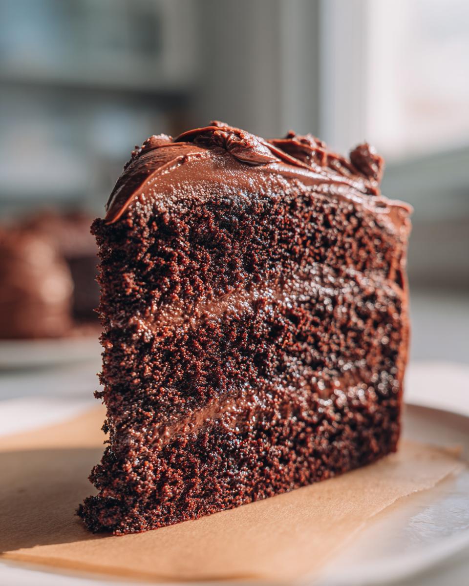 Close-up of a rich, dark slice of chocolate cake recipe with thick, fudgy frosting.
