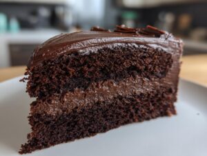 Close-up of a rich, fudgy slice of chocolate cake recipe showing two layers of dark cake and a thick layer of chocolate filling.