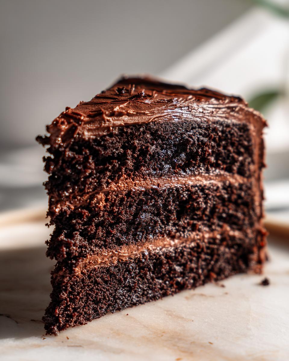 Close-up of a rich, fudgy slice of chocolate cake recipe with three layers and thick frosting.
