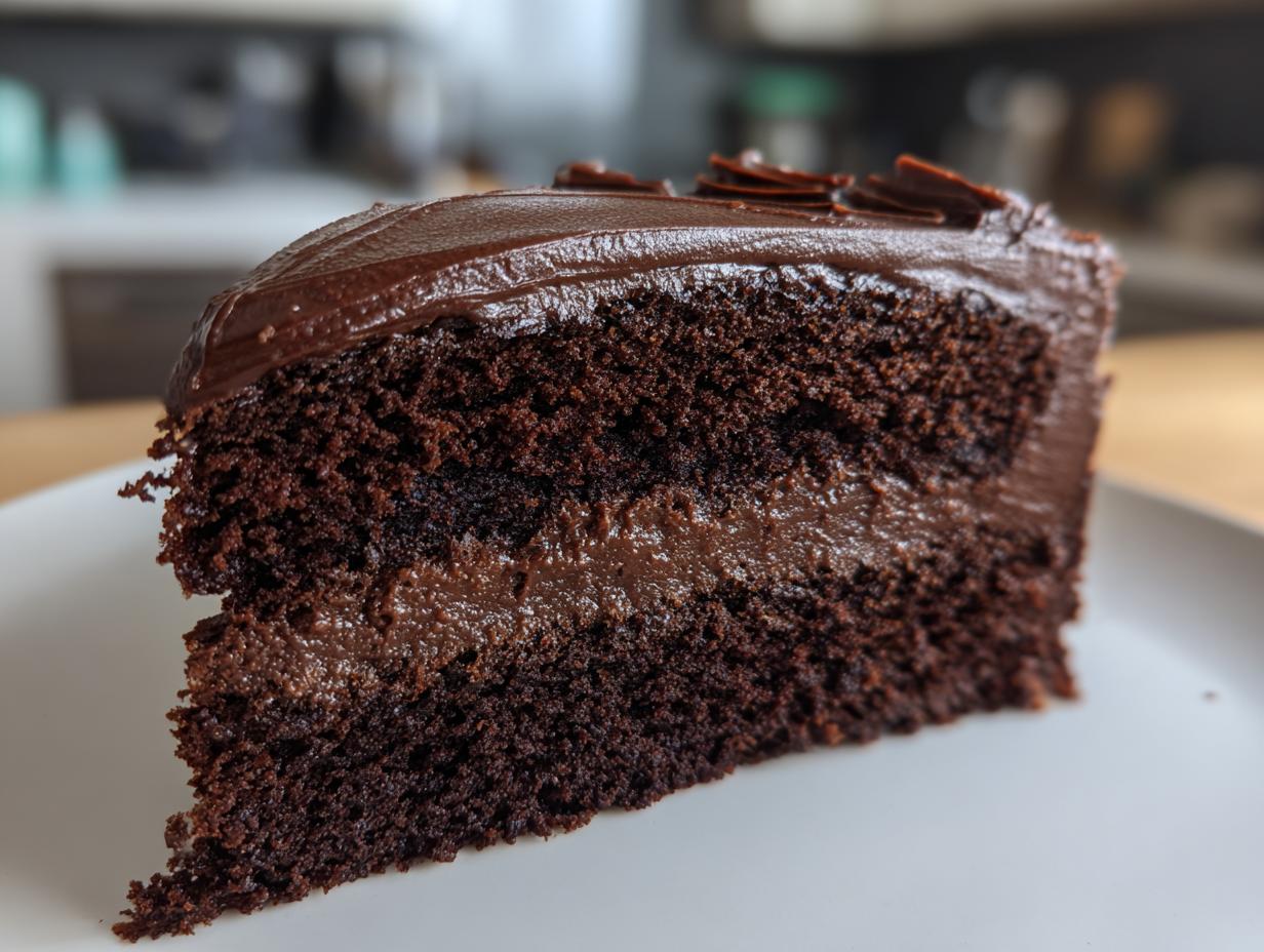 Close-up of a rich, fudgy slice of chocolate cake recipe showing two layers of dark cake and a thick layer of chocolate filling.