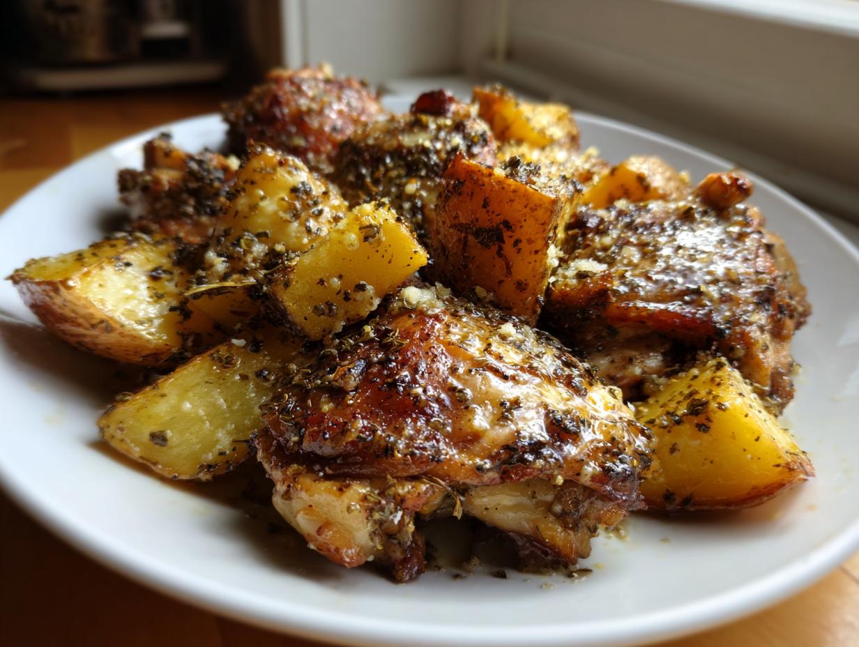 Close-up of roasted chicken pieces and potato wedges coated in herbs for garlic parmesan chicken and potatoes.