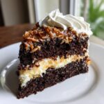 A decadent slice of german chocolate poke cake featuring dark chocolate layers, coconut filling, and whipped cream topping.