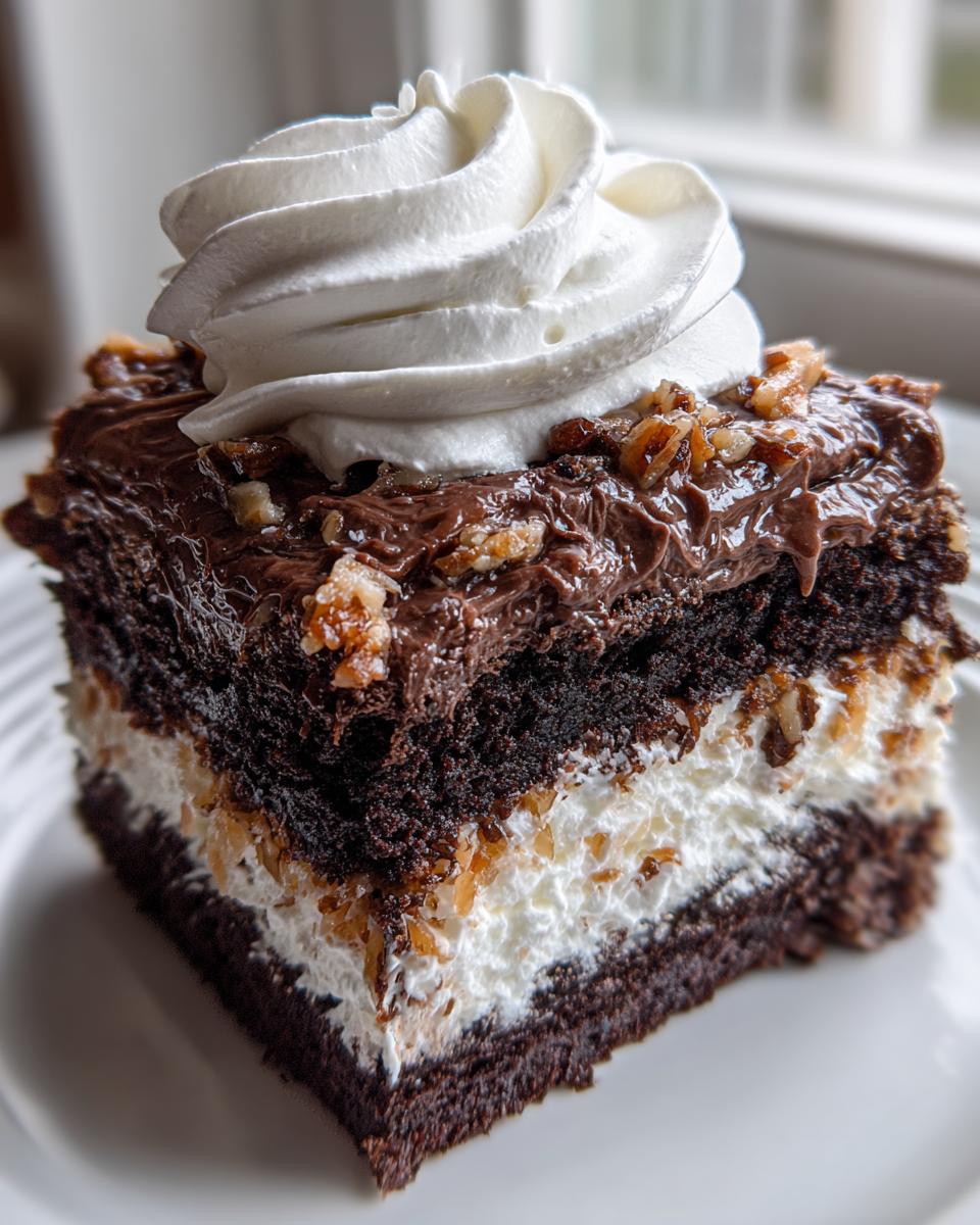 A decadent slice of german chocolate poke cake showing layers of dark chocolate cake, white filling, and topped with chocolate frosting and whipped cream.