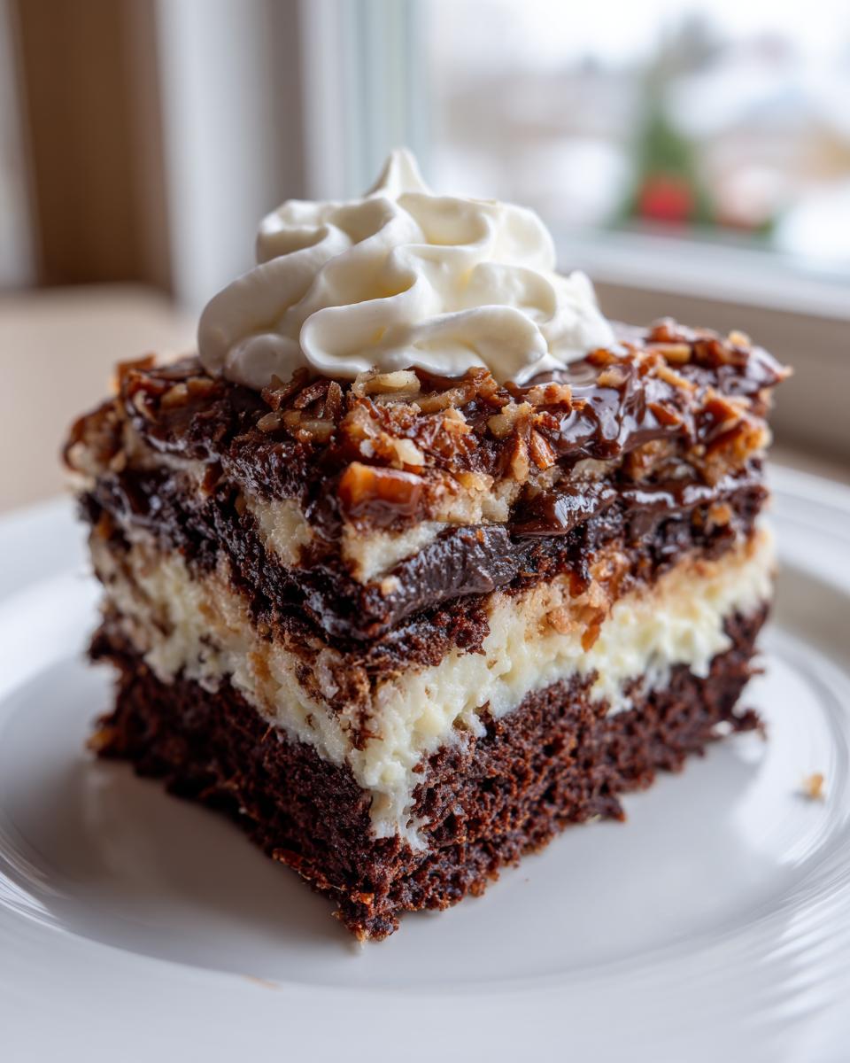 A rich slice of german chocolate poke cake featuring chocolate cake, white filling, caramel-pecan topping, and a dollop of whipped cream.