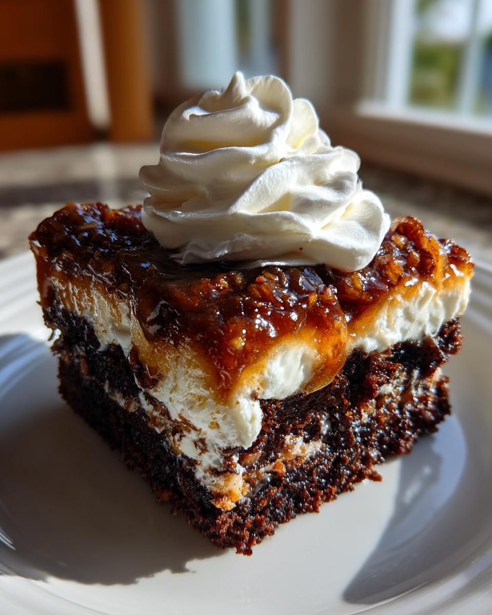 A close-up of a moist slice of german chocolate poke cake topped with white frosting and a swirl of whipped cream.