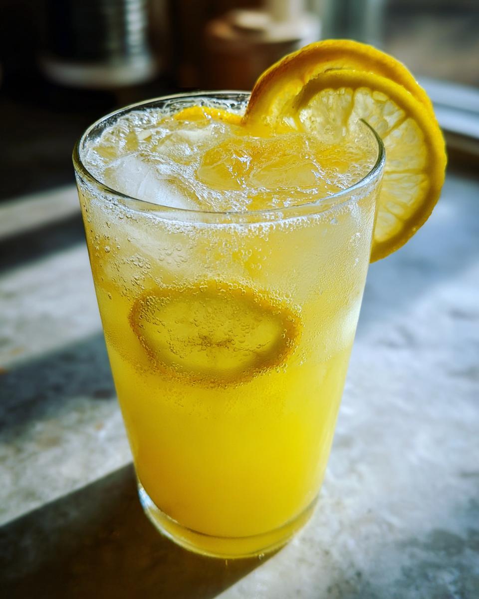 A tall, frosty glass filled with bright yellow homemade lemonade, ice cubes, and garnished with lemon slices.