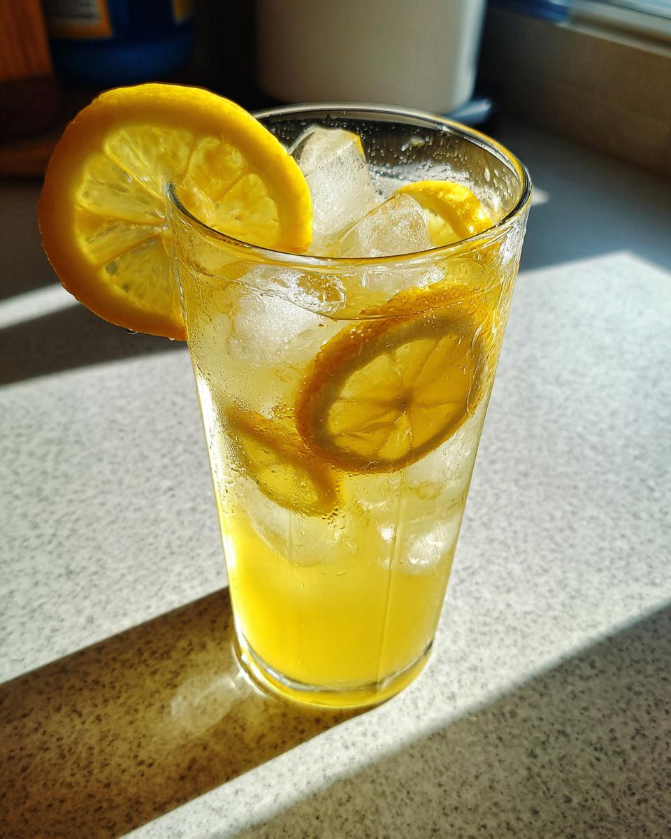 A tall glass filled with bright yellow homemade lemonade, ice cubes, and fresh lemon slices.