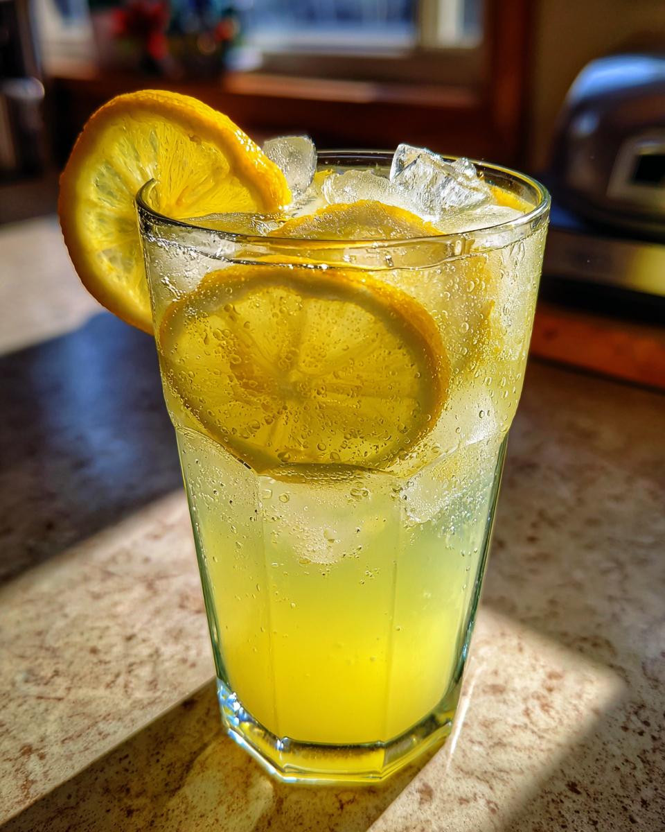 A tall, sweating glass filled with bright yellow homemade lemonade, ice cubes, and lemon slices.