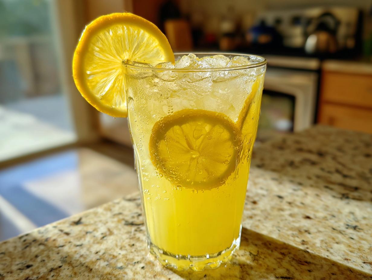 Close-up of a tall glass filled with sparkling, icy homemade lemonade, garnished with fresh lemon slices.
