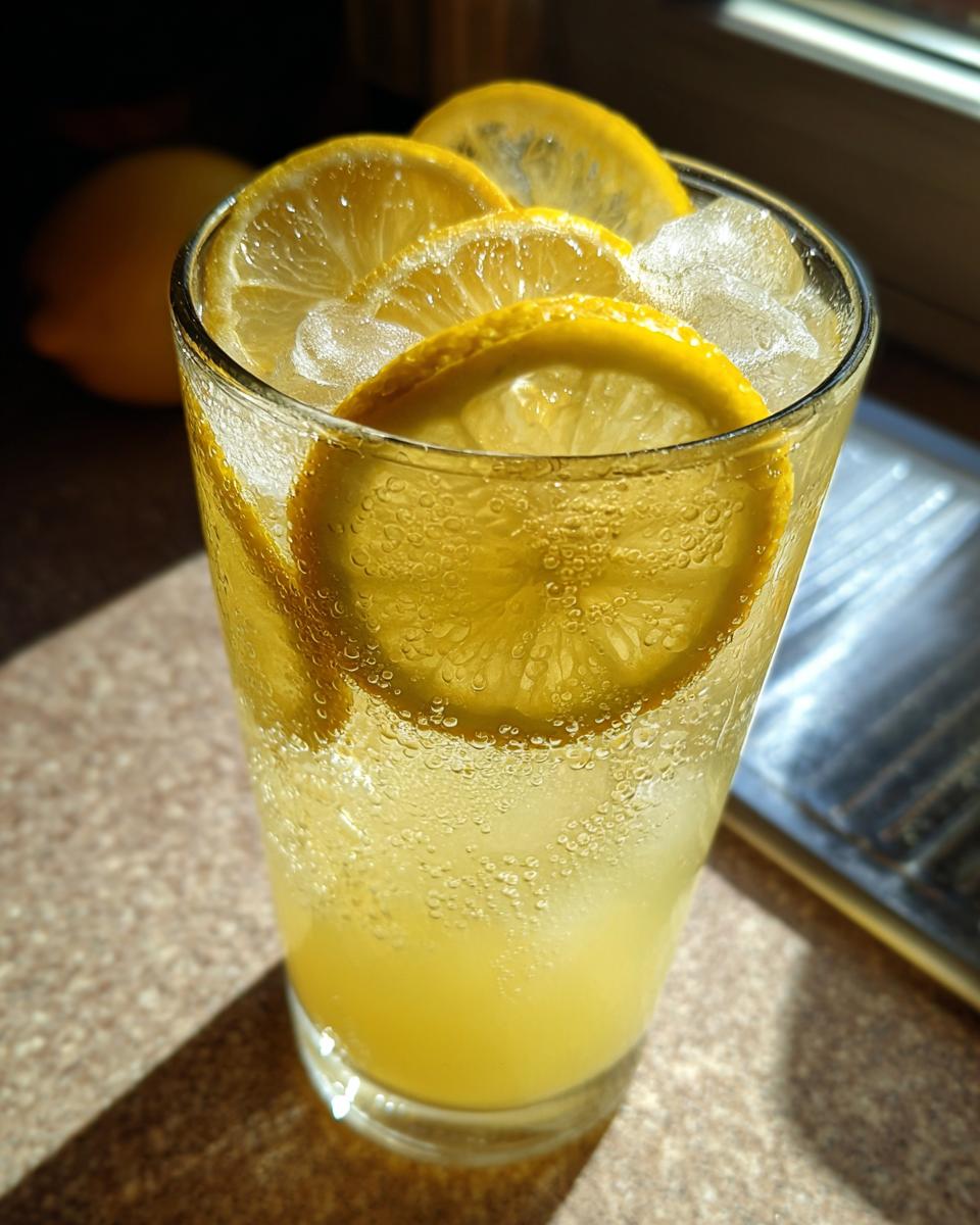 Close-up of a tall glass filled with sparkling lemonade, ice, and garnished with fresh lemon slices.