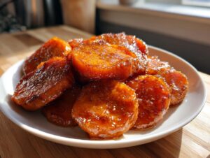 Close-up of glistening, caramelized candied sweet potatoes slices piled high on a white plate.