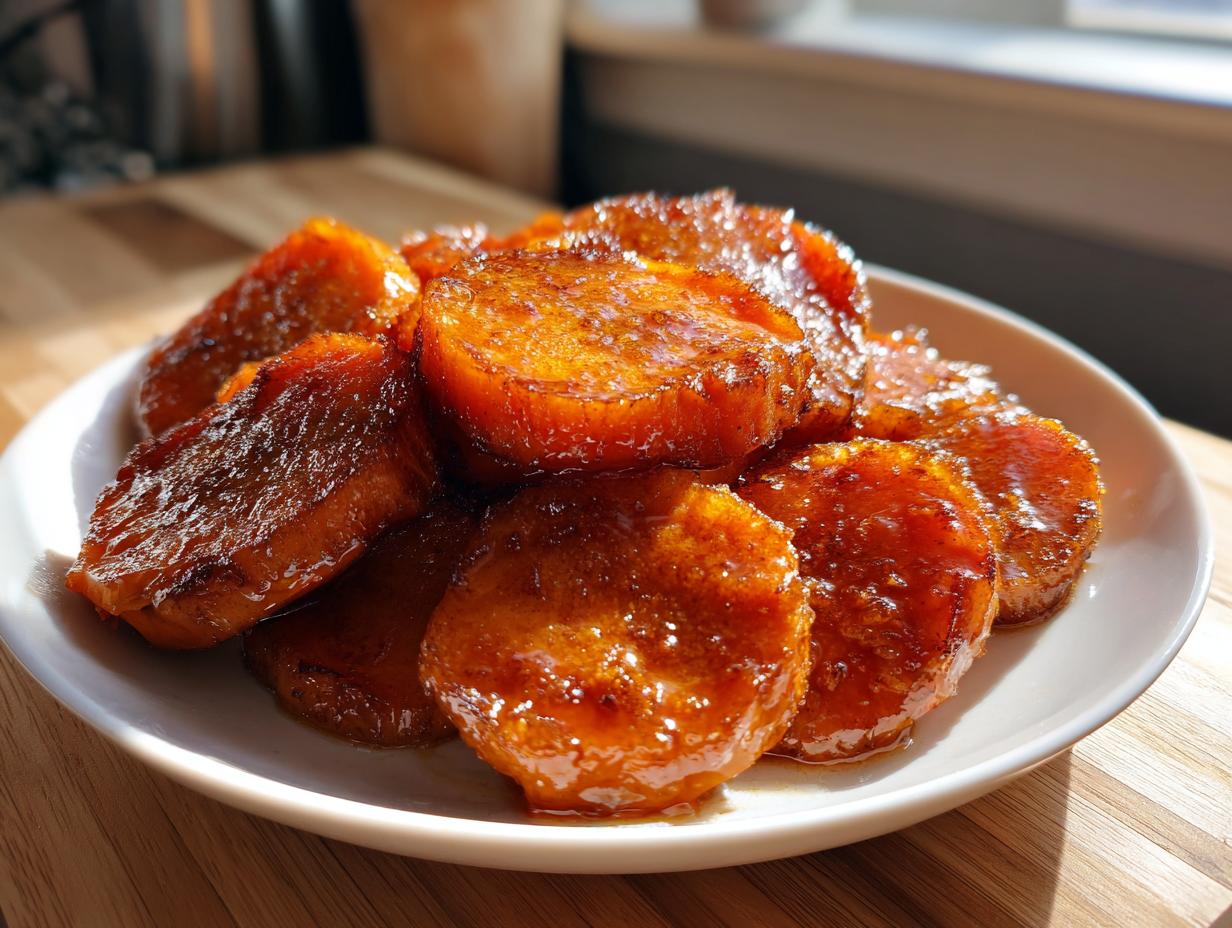 Close-up of glistening, caramelized candied sweet potatoes slices piled high on a white plate.