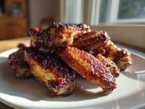 A pile of shiny, glazed, and slightly charred chicken wings stacked on a white plate.