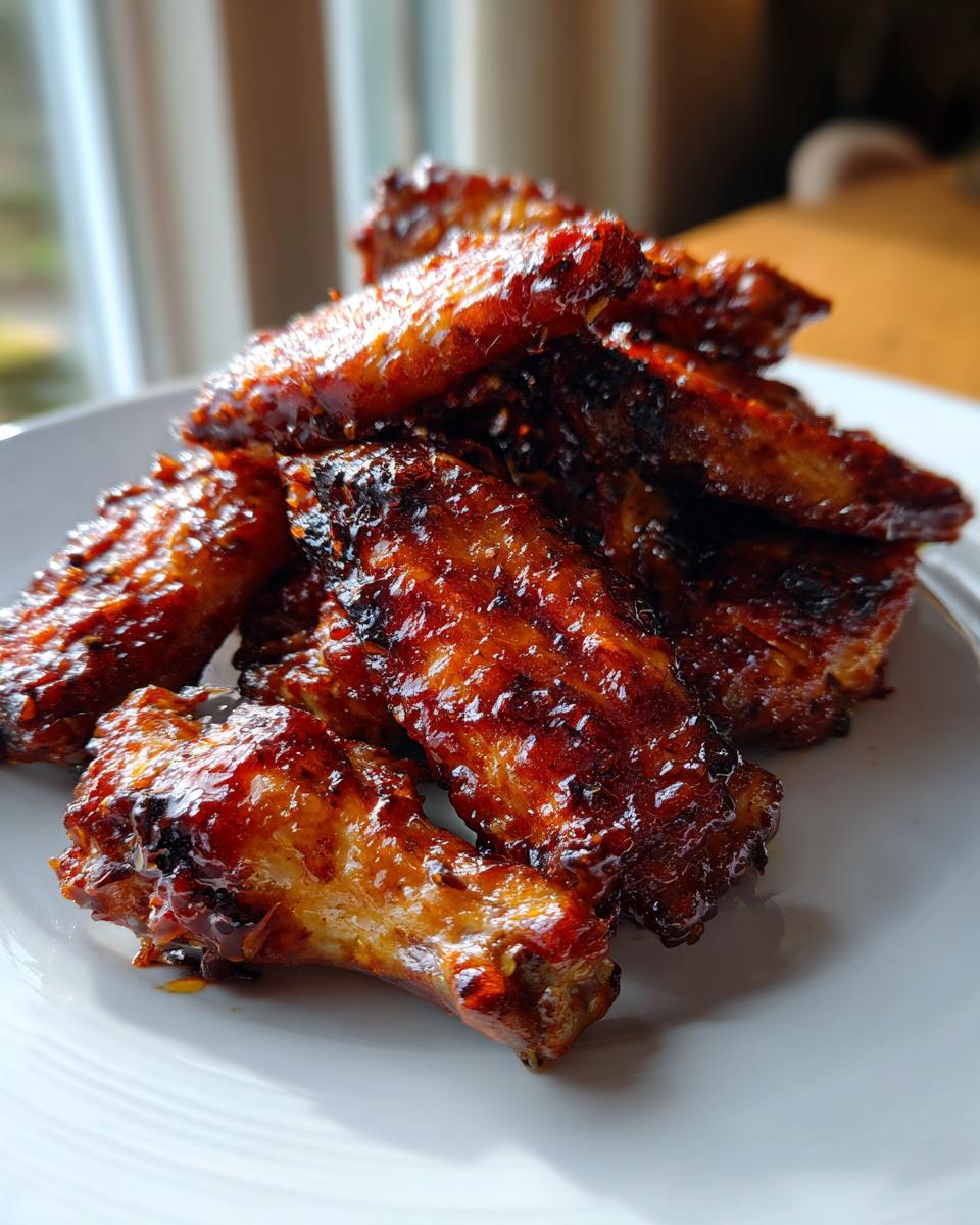 Close-up of several glossy, caramelized chicken wings stacked on a white plate, ready to eat.