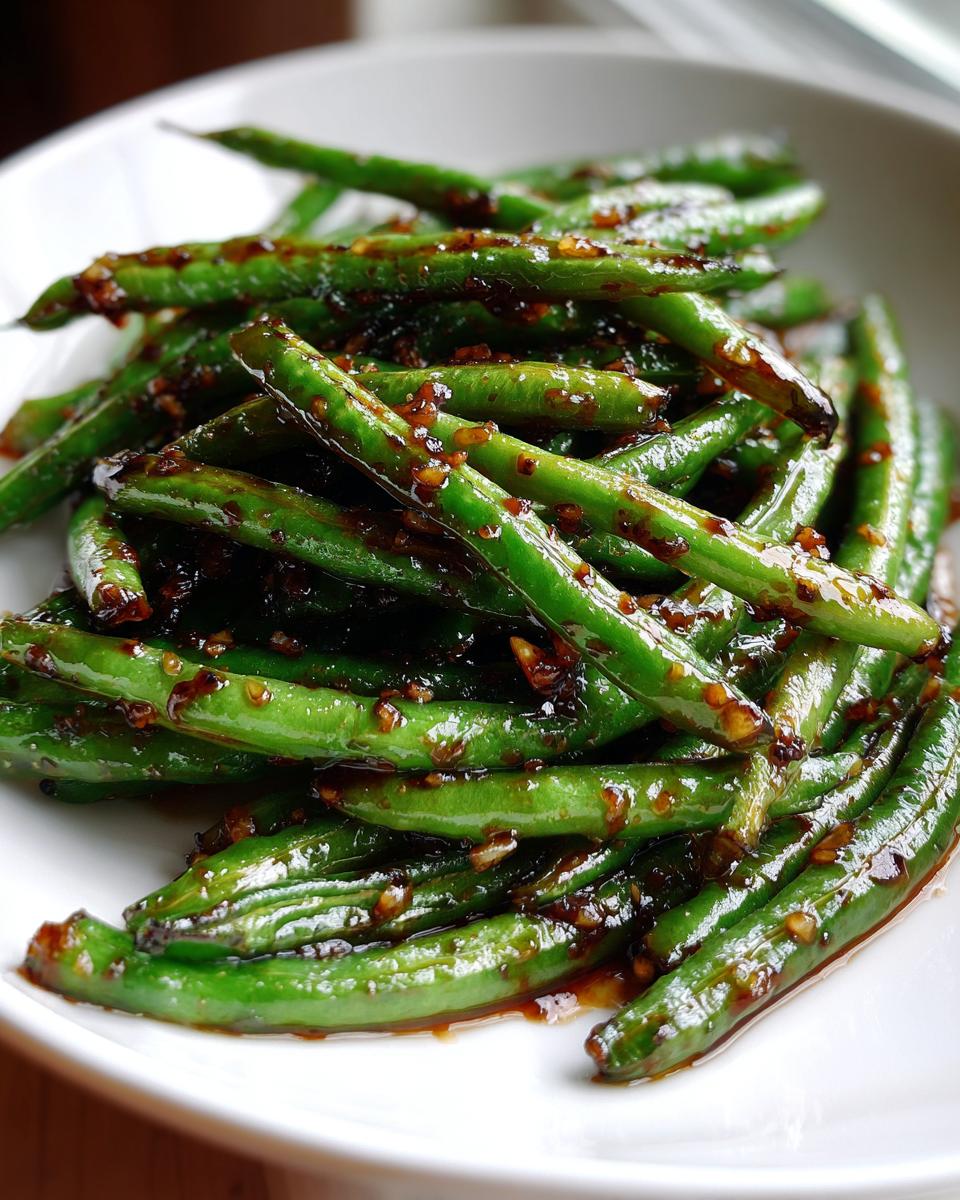 Close-up of vibrant green beans coated in a glossy, dark brown garlic sauce.