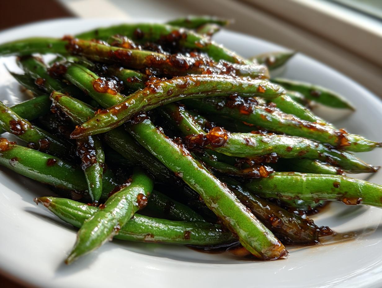 Close-up of bright green beans coated in a dark, savory glaze, ready to serve.