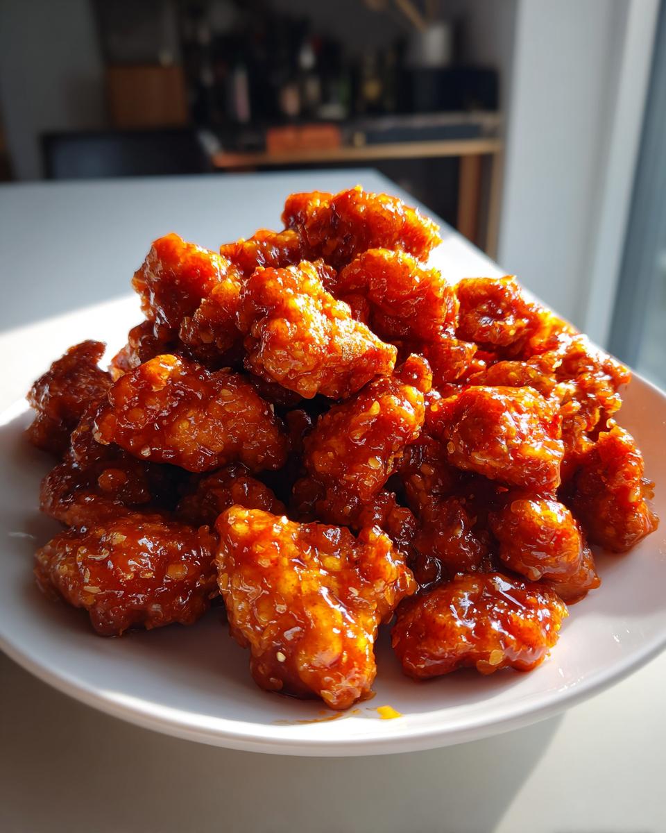 A mound of crispy, glazed chicken pieces coated in sticky orange sauce, ready for the orange chicken recipe.