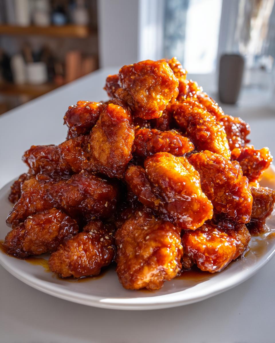 A large pile of crispy, glazed orange chicken recipe pieces stacked high on a white plate, garnished with sesame seeds.