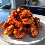 A pile of crispy, glazed pieces of orange chicken recipe coating a white plate under bright sunlight.