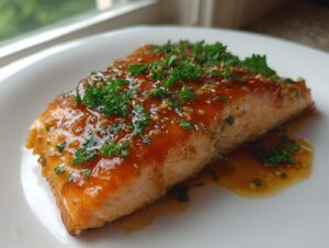 Close-up of a perfectly cooked salmon fillet topped with a shiny, sweet glaze and fresh chopped parsley.
