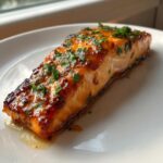 Close-up of a perfectly cooked, glazed salmon fillet topped with chopped fresh parsley on a white plate.