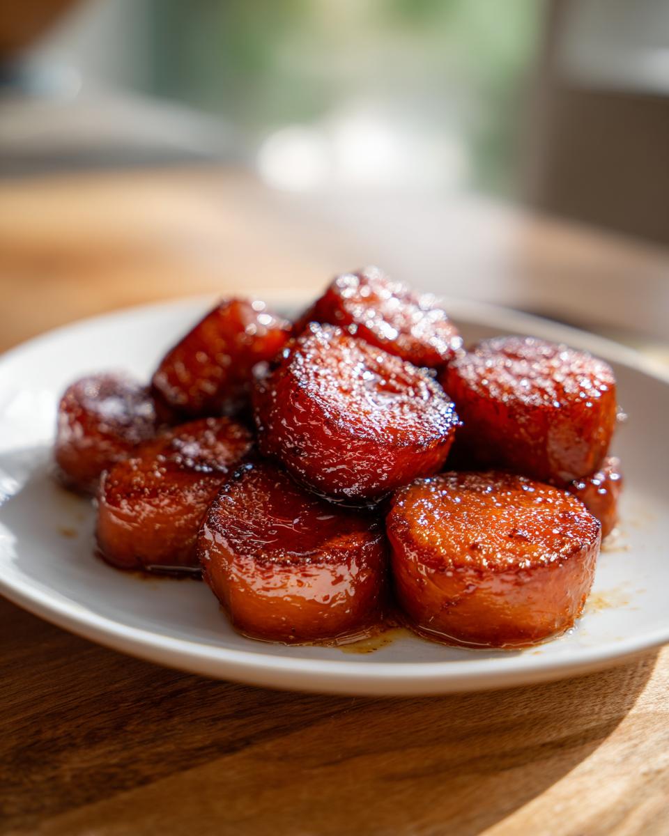 A close-up of several thick, round candied sweet potatoes glistening with a rich, dark glaze on a white plate.