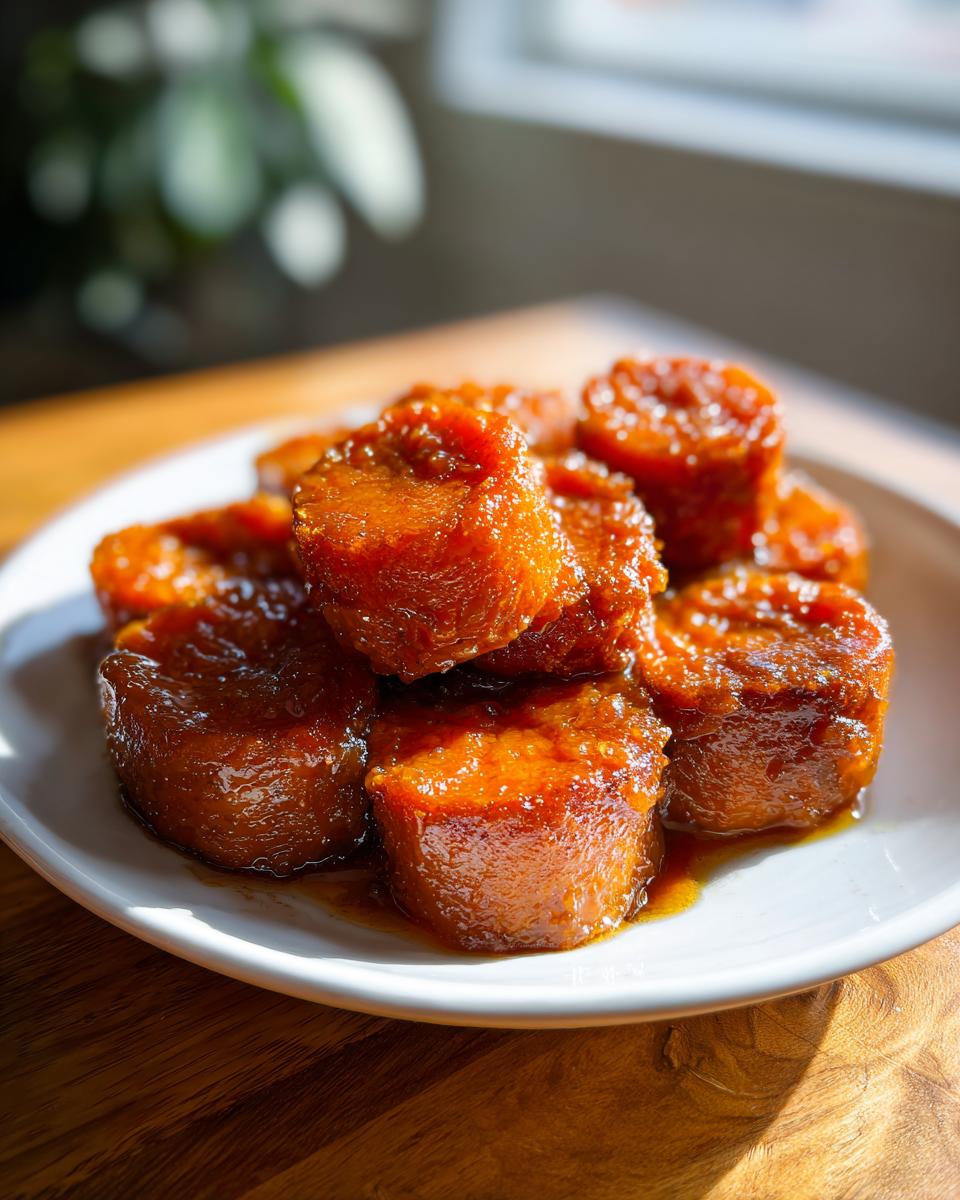 A close-up of several thick, glazed candied sweet potatoes stacked on a white plate, glistening in the sunlight.
