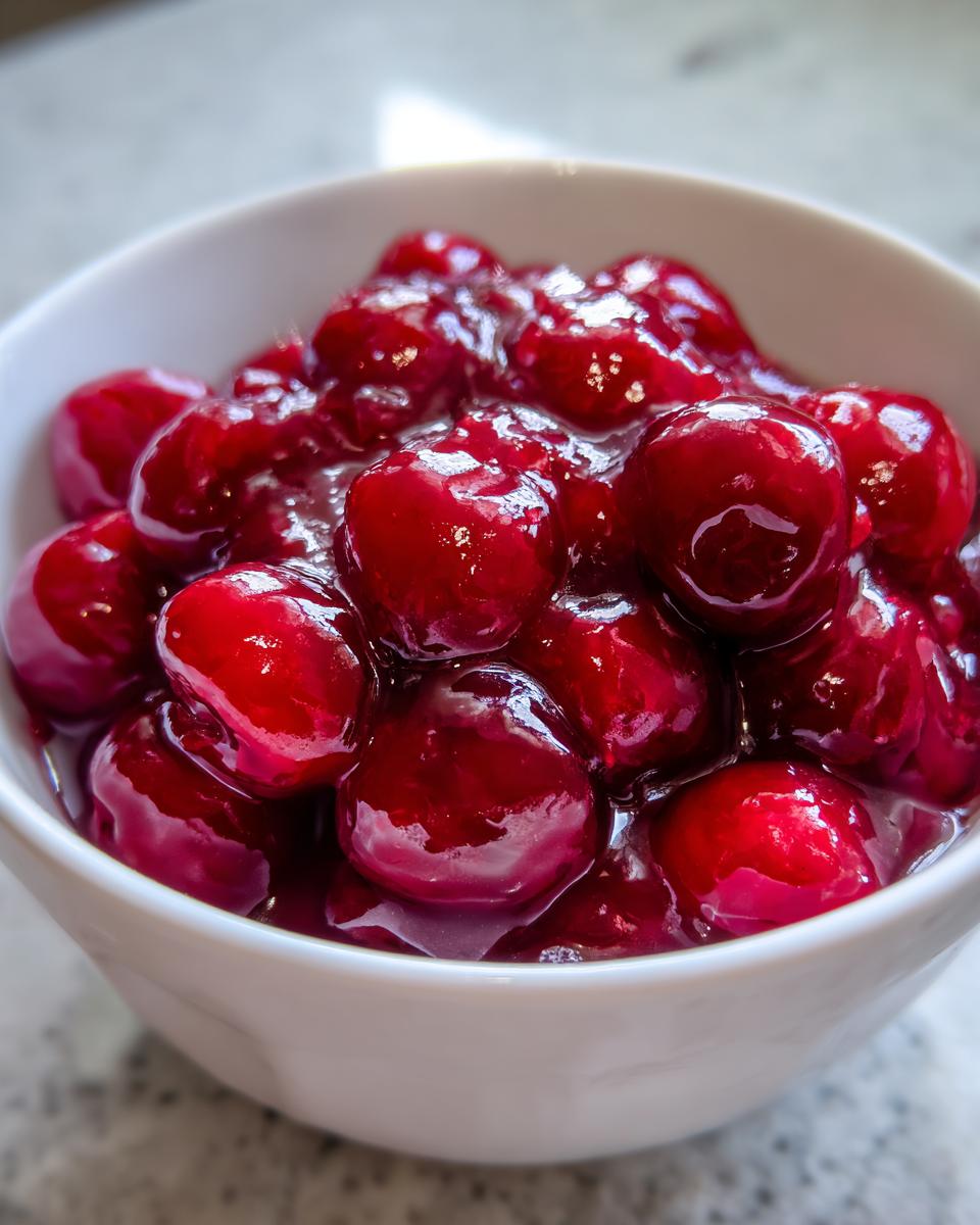 Close-up of glossy, deep red homemade cherry pie filling with whole cherries in a small white bowl.