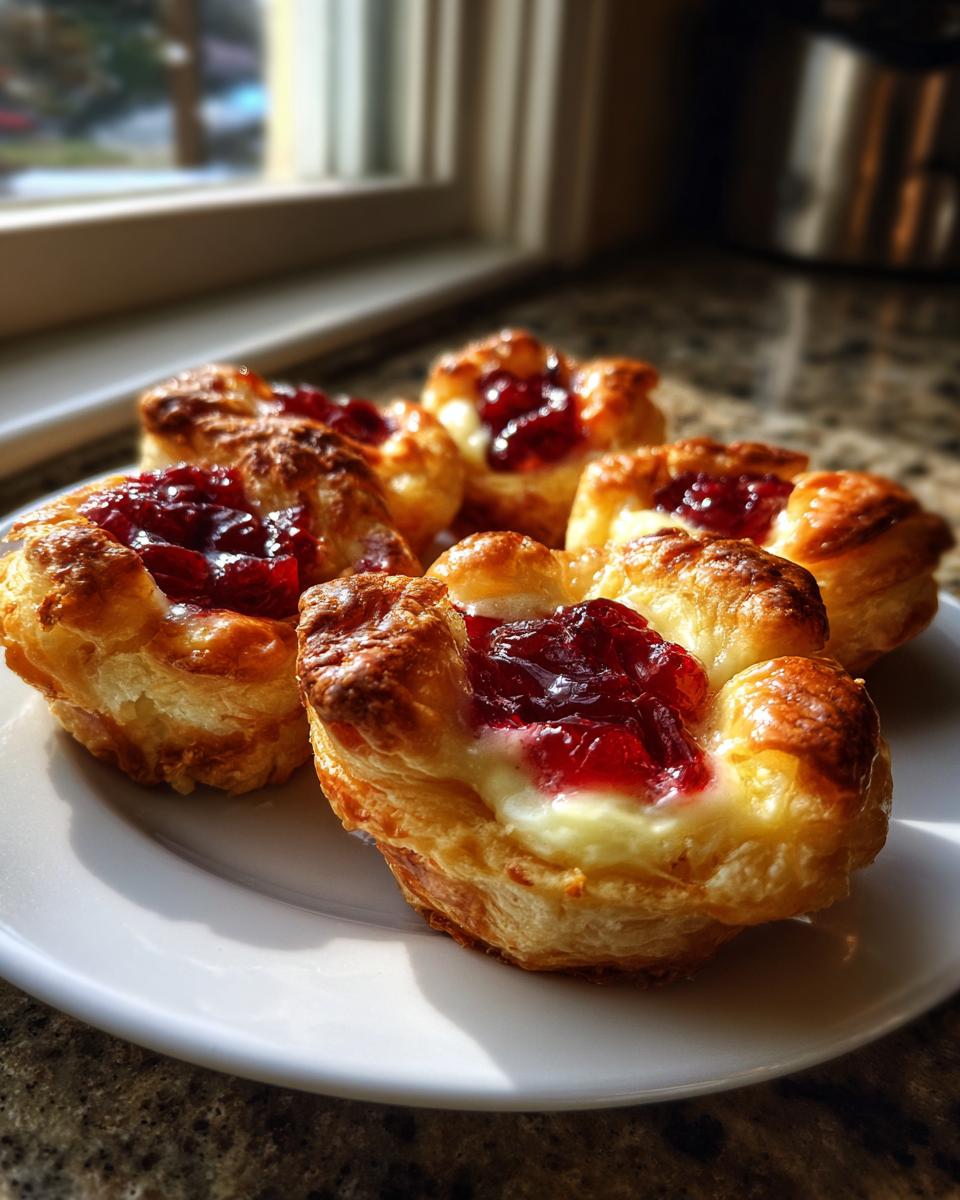 A plate of freshly baked brie bites made with flaky pastry, creamy cheese, and bright red jam topping.