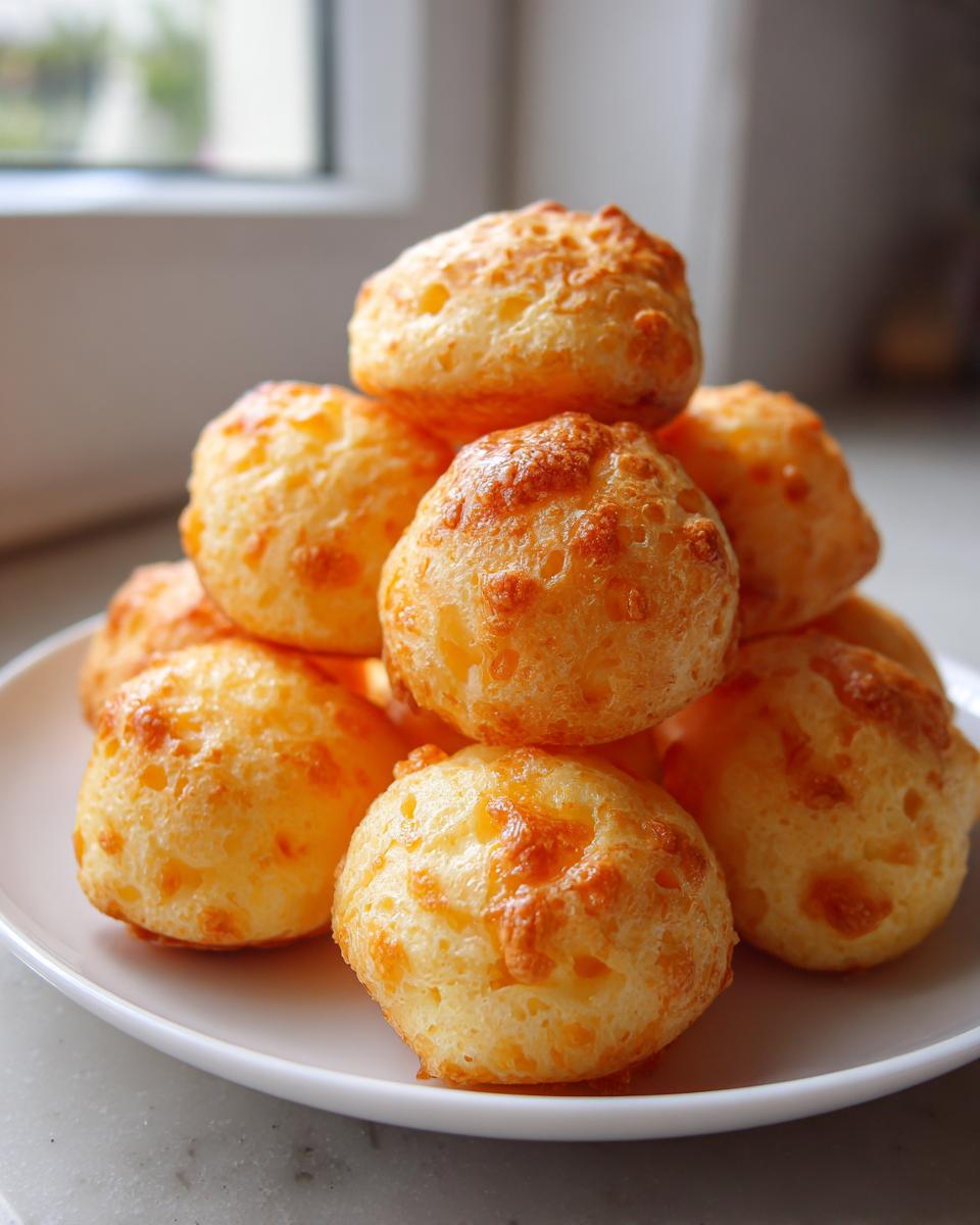 A stack of freshly baked, golden Brazilian cheese bread rolls with a slightly crispy, cheesy top.
