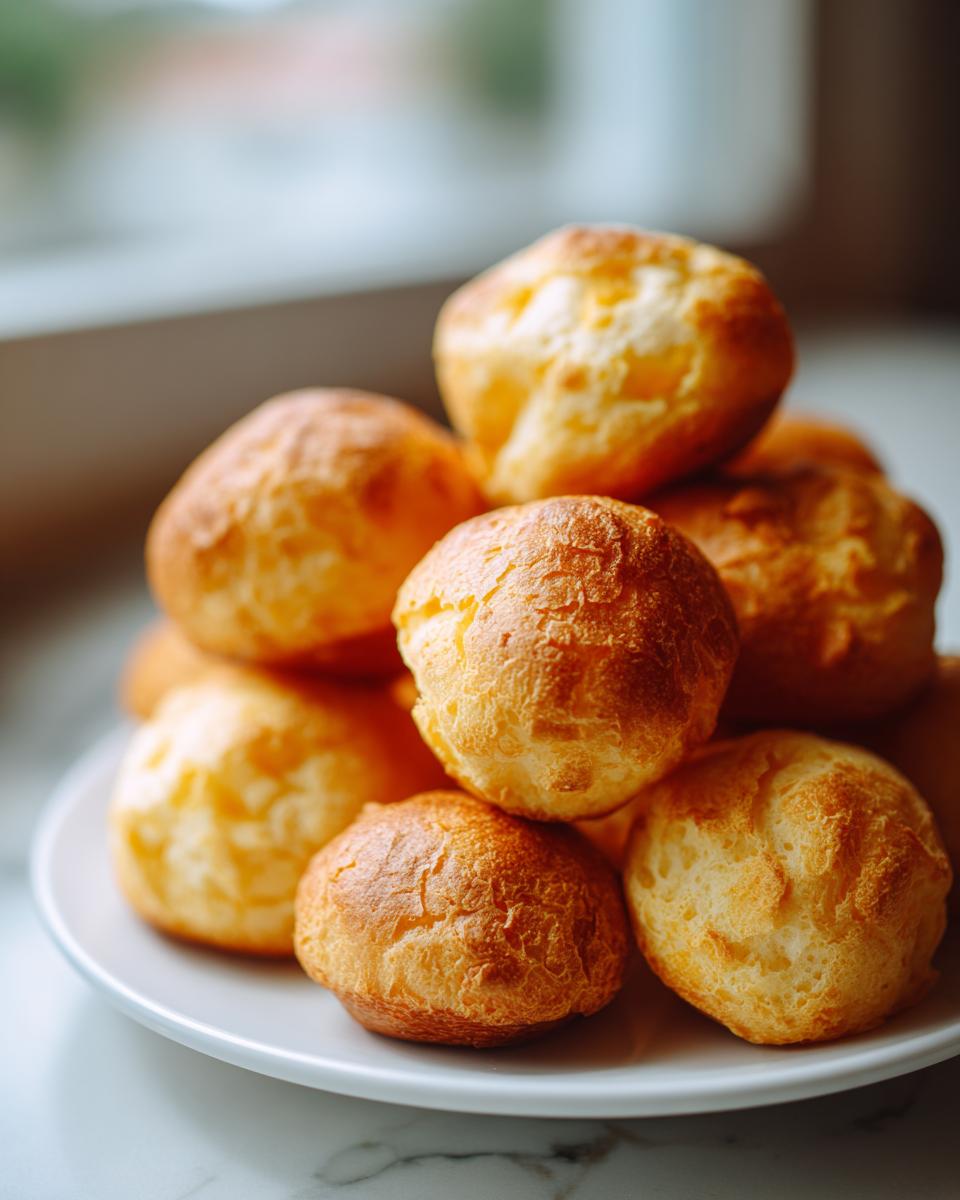 A stack of freshly baked, golden brown Brazilian cheese bread puffs piled high on a white plate.