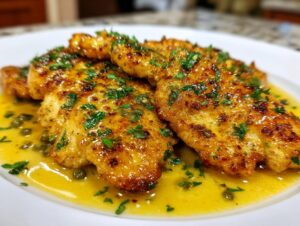 Close-up of golden brown chicken piccata fillets swimming in a bright lemon butter sauce with capers and parsley.