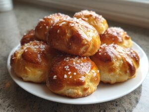 A close-up of several freshly baked, glossy pretzel bites topped with coarse salt, stacked on a white plate.